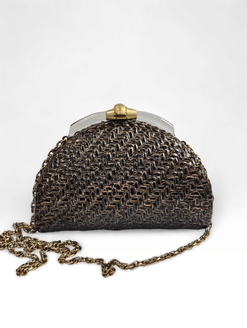 Vintage RODO Brown Black Glazed Lucite Wicker Mini Shoulder Bag Clutch